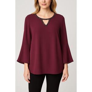 Juicy Couture Burgundy Beaded Keyhole Bell Sleeve Top Womans Size Large